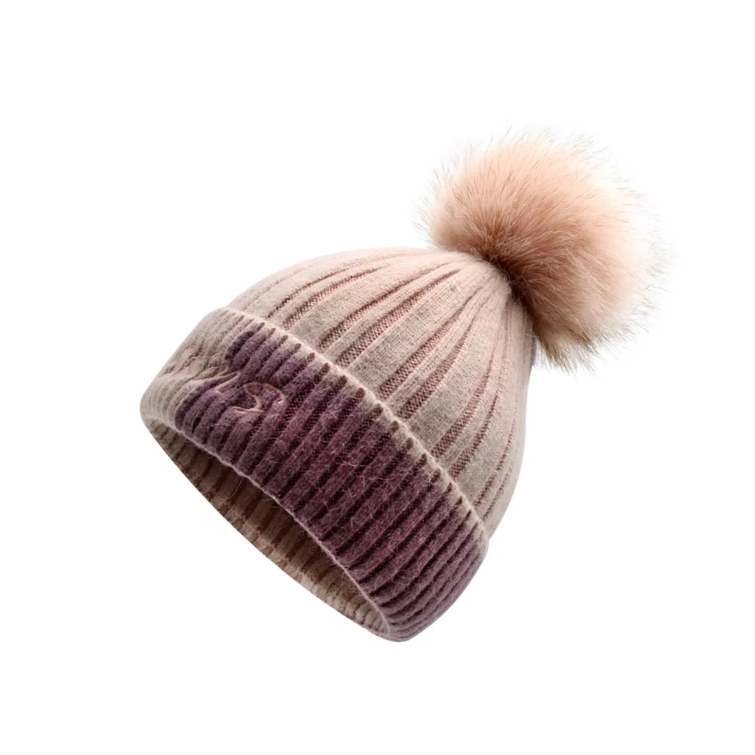 Winter Multicolor Stripe Ski Beanie with Faux Fur POM for Ladies